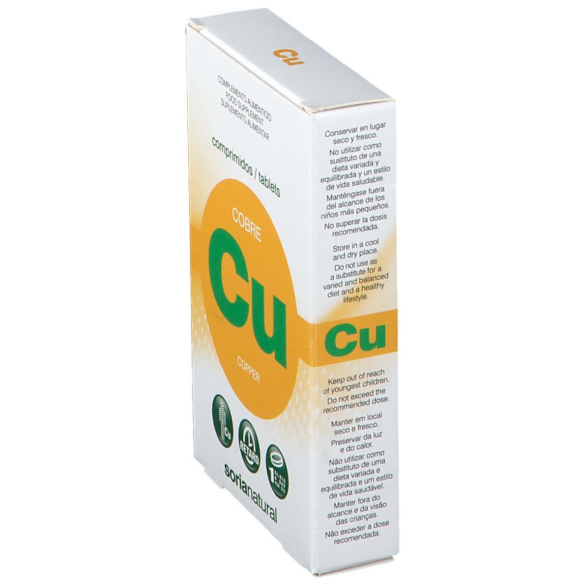 Doosje met tabletten. Opschrift 'Cu' en 'Cobre'. Merk: Soria Natural.