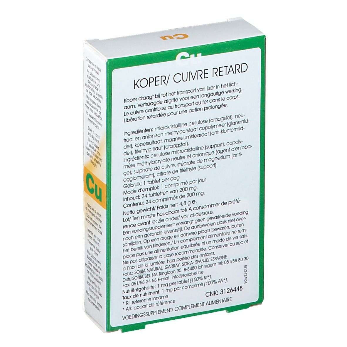 Doosje met tabletten. Opschrift 'Koper/Cuivre Retard'. Merk: Soria Natural.