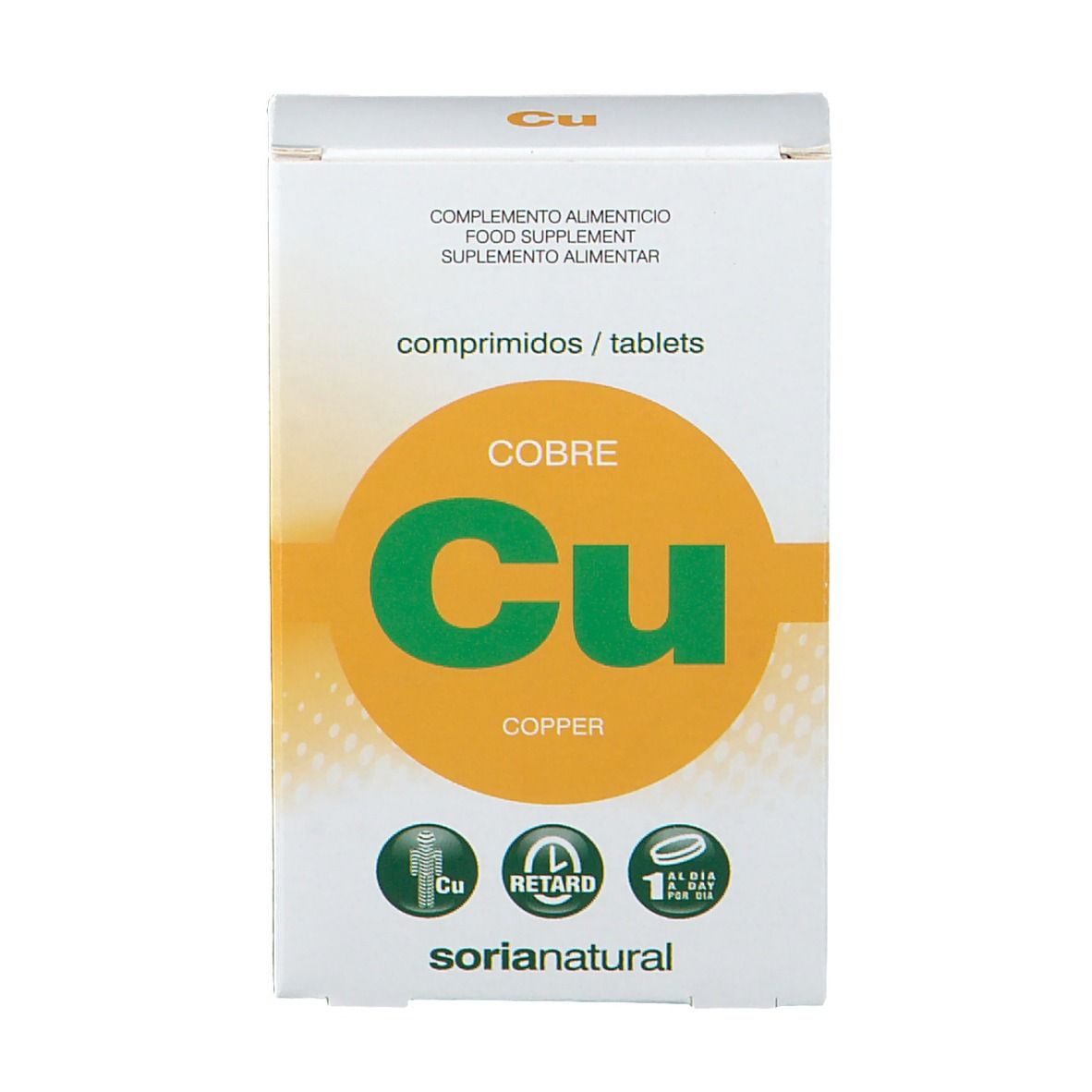 Doosje met tabletten. Opschrift 'Cu' en 'Cobre'. Merk: Soria Natural.