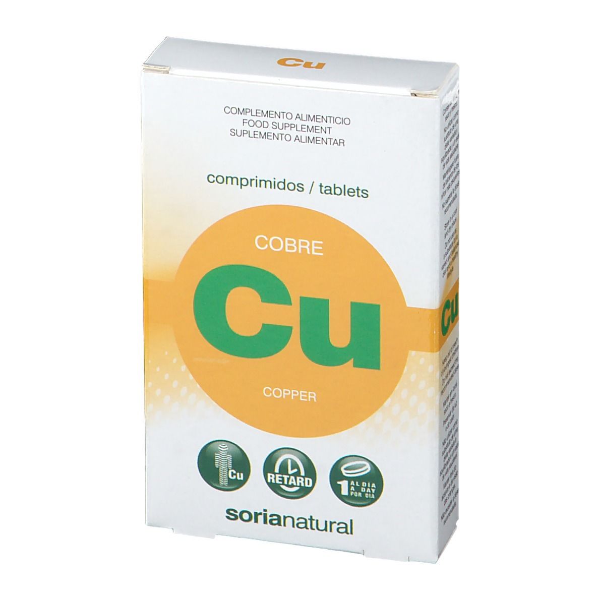 Doosje met tabletten. Opschrift 'Cu' en 'Cobre'. Merk: Soria Natural.