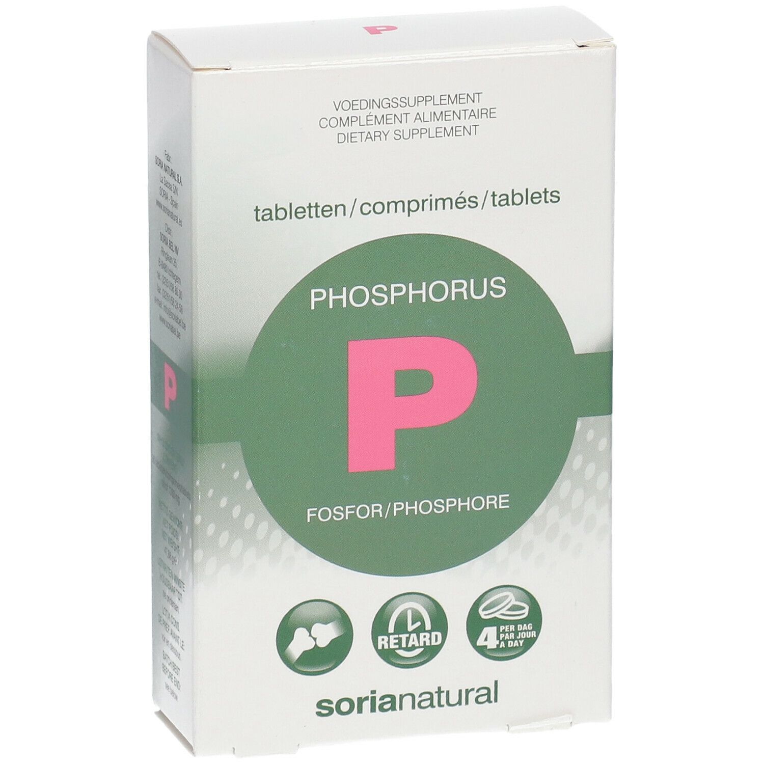 Boîte de comprimés. Inscription: Phosphorus, FOSFOR/PHOSPHORE. Marque: Soria Natural. Design vert et blanc. 4 comprimés par jour.