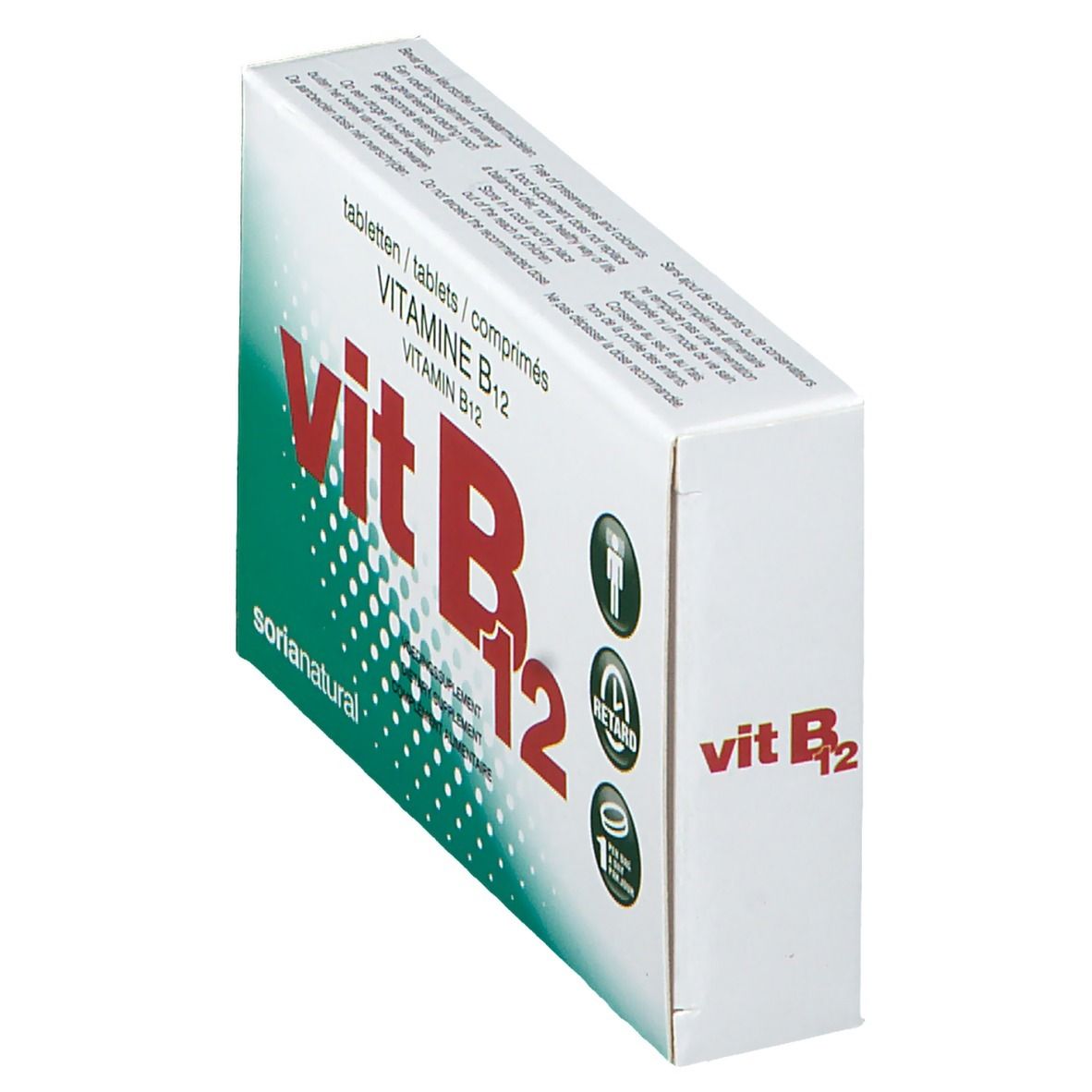 Boîte de comprimés Vit B12, en biais. Inscription: Vitamine B12. Marque: Soria Natural. Boîte verte et blanche.