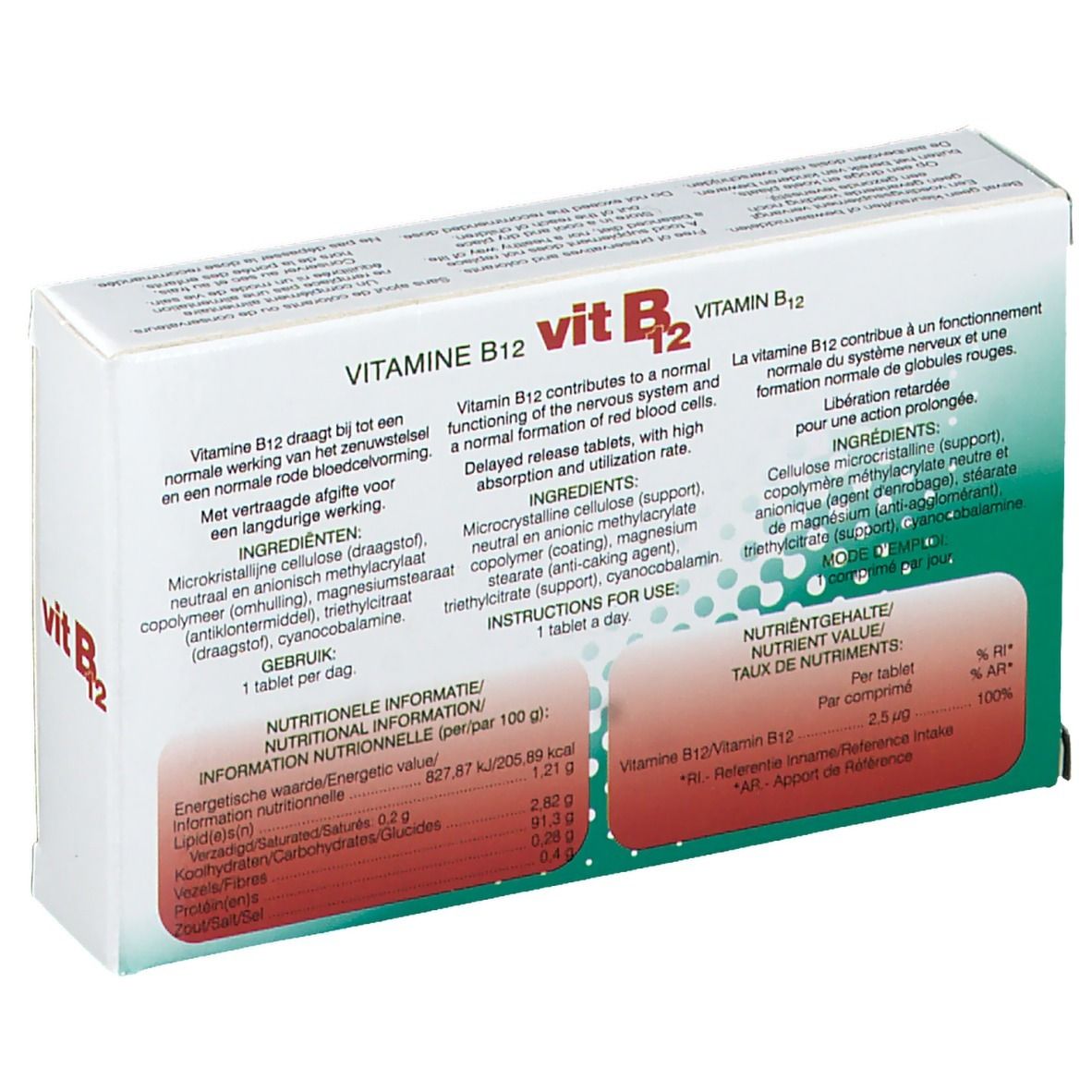 Dos de la boîte de comprimés. Inscription: Vitamine B12. Ingrédients, informations nutritionnelles. Texte multilingue.
