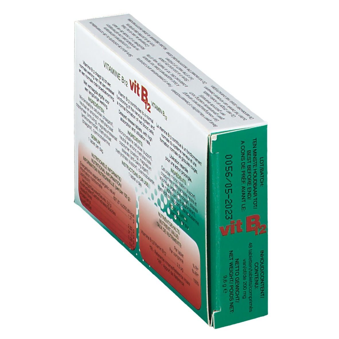 Boîte de comprimés en biais. Inscription: Vit B12, Vitamine B12. Date de péremption. Texte multilingue.