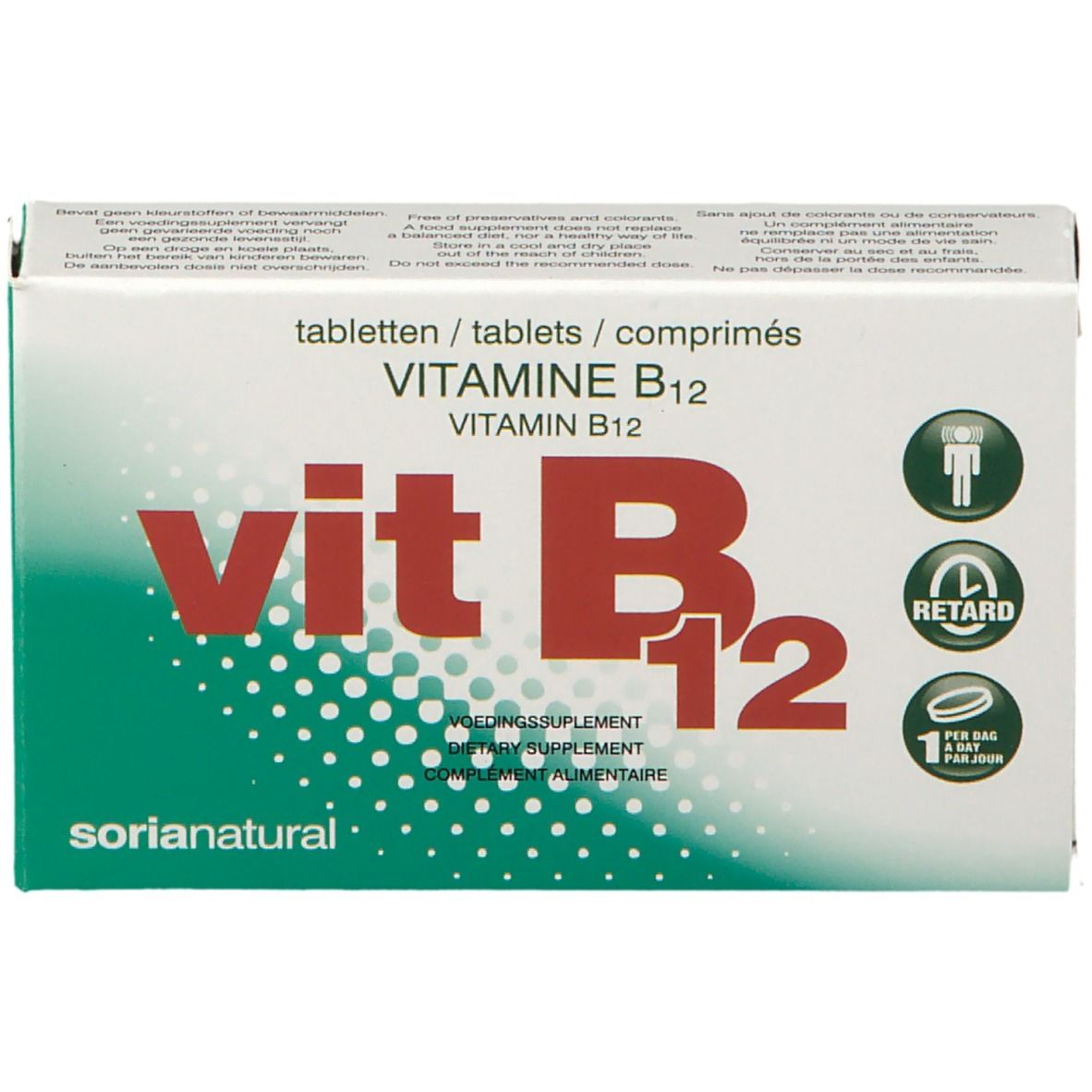 Boîte de comprimés. Inscription: Vit B12, Vitamine B12. Marque: Soria Natural. Boîte verte et blanche.