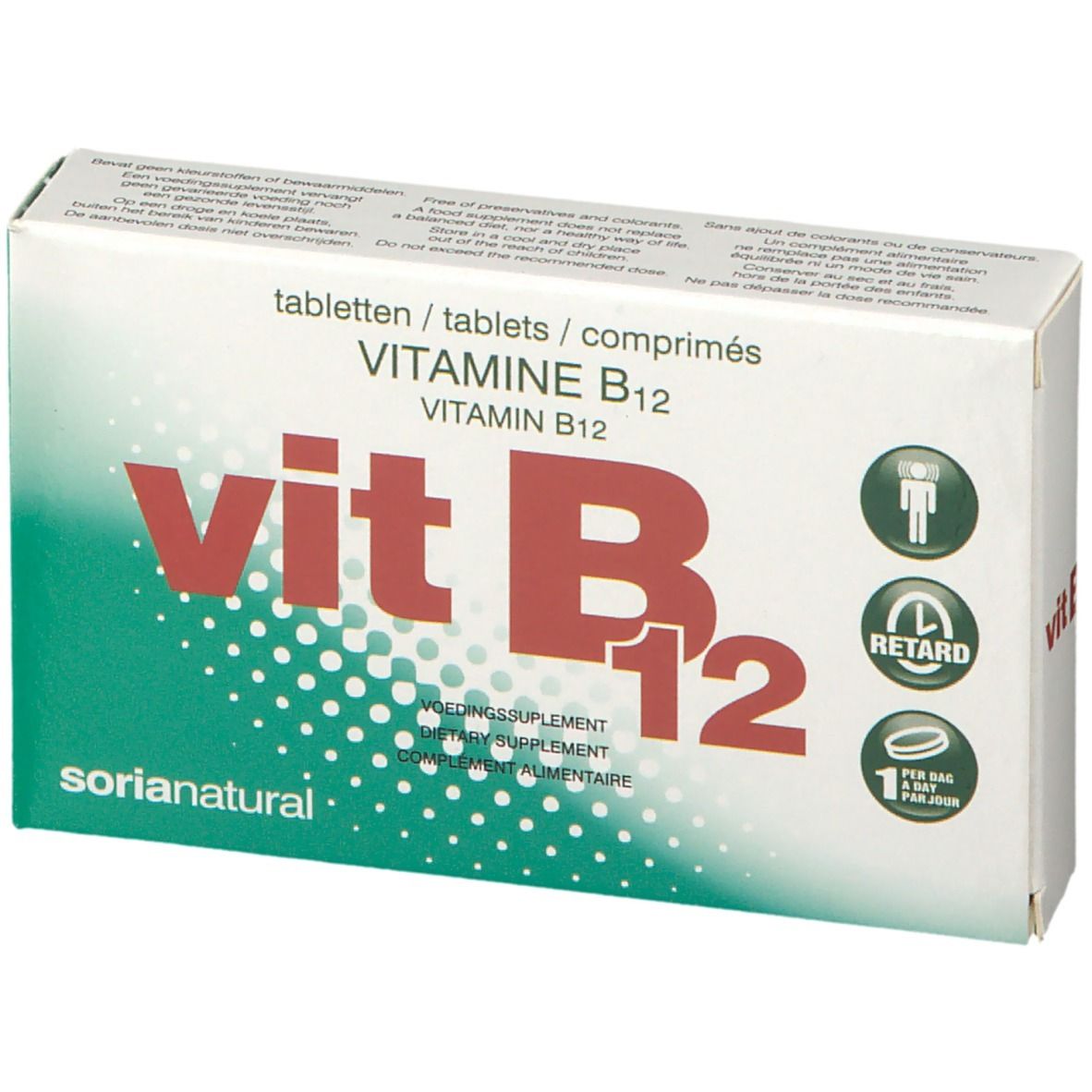 Boîte de comprimés. Inscription: Vit B12, Vitamine B12. Marque: Soria Natural. Boîte verte et blanche.