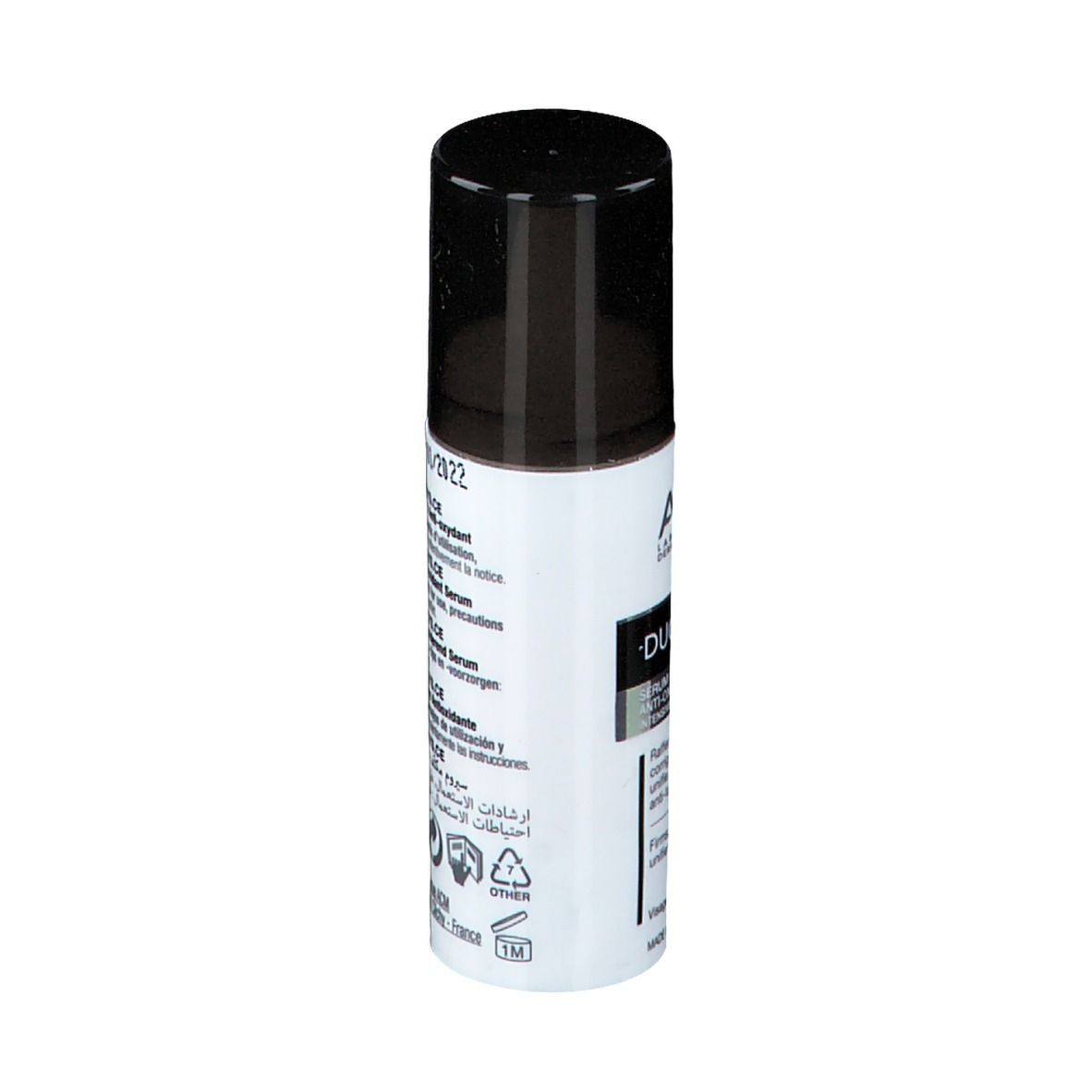 Flacon blanc et noir. Inscription: DUOLYS.CE. Texte multilingue. 15ml. Fabriqué en France.
