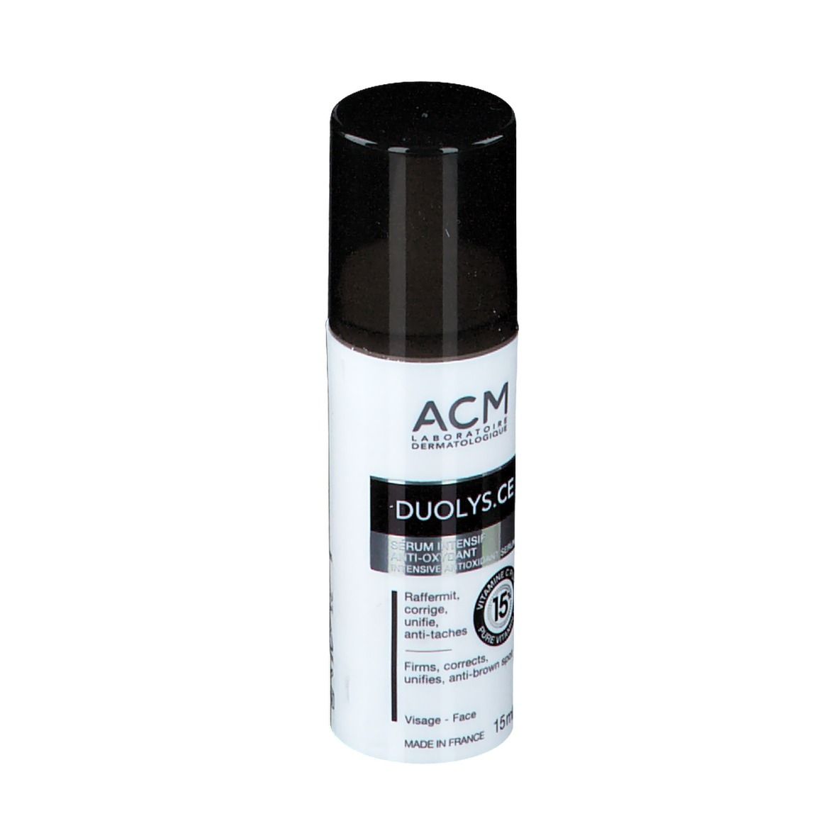 Flacon blanc et noir. Inscription: ACM, DUOLYS.CE, 15% Vitamine C. Pour le visage. 15ml.