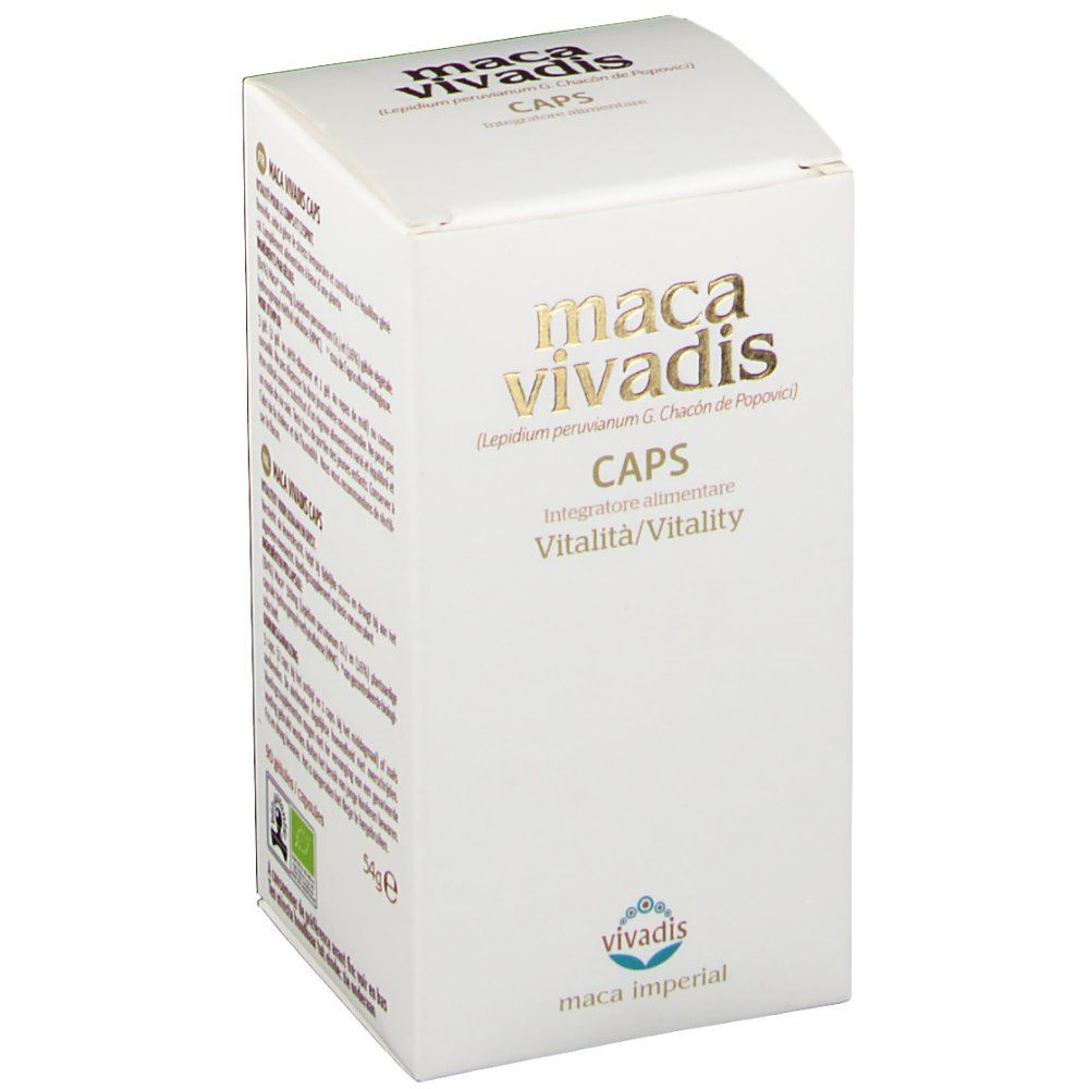 Scatola bianca con logo "maca vivadis" e nome del prodotto. Scritto: "CAPS", "Vitalità/Vitality". In basso: "maca imperial".