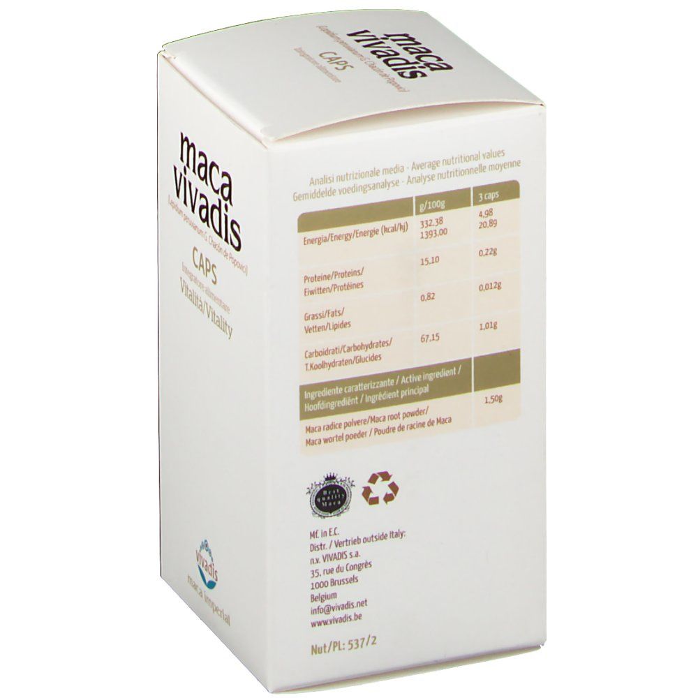 Retro della scatola bianca. Contiene informazioni nutrizionali e ingredienti. Logo: "vivadis". Testo: "maca imperial".