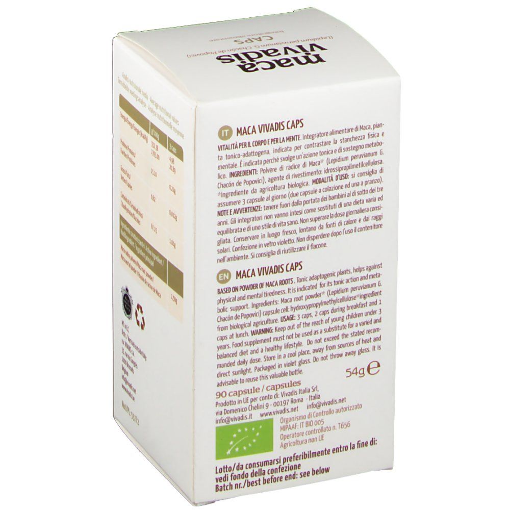 Scatola bianca con testo in italiano e inglese. Contiene informazioni sugli ingredienti e l'uso. Logo: "Bio".