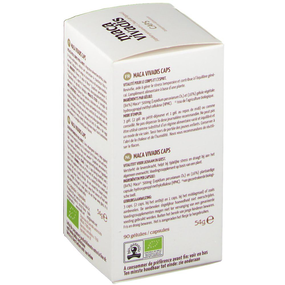 Scatola bianca con testo in francese e olandese. Contiene informazioni sugli ingredienti e l'uso. Logo: "Bio".