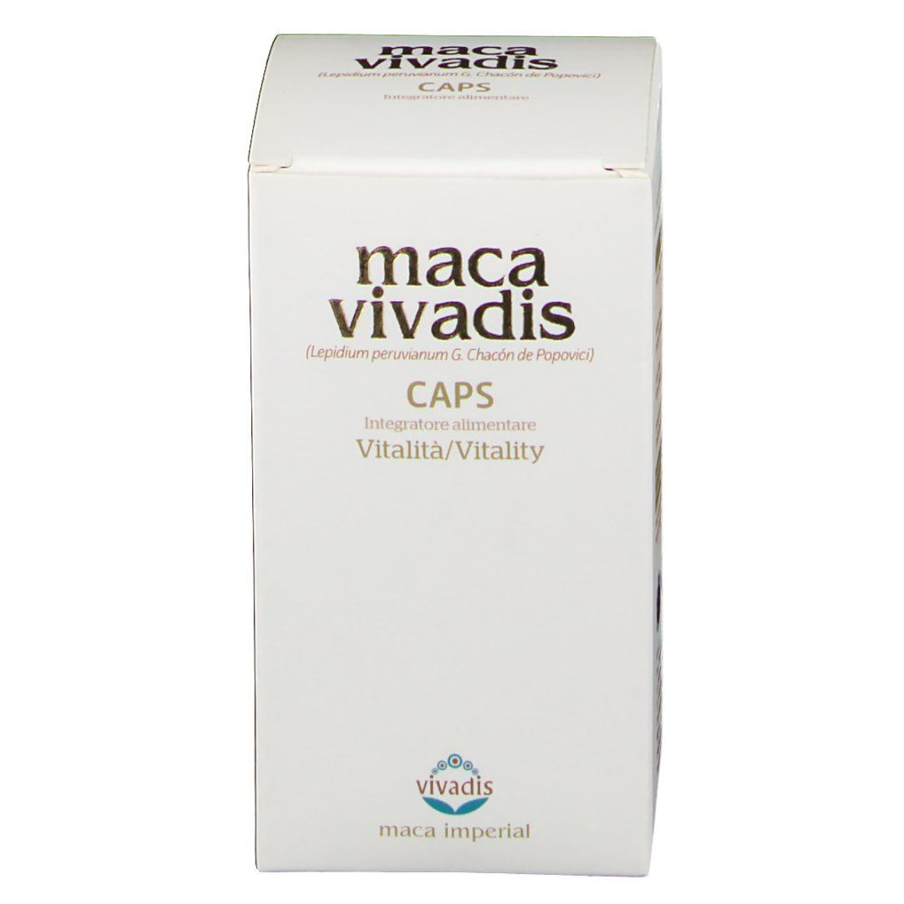Scatola bianca con logo "maca vivadis" e nome del prodotto. Scritto: "CAPS", "Vitalità/Vitality". In basso: "maca imperial".
