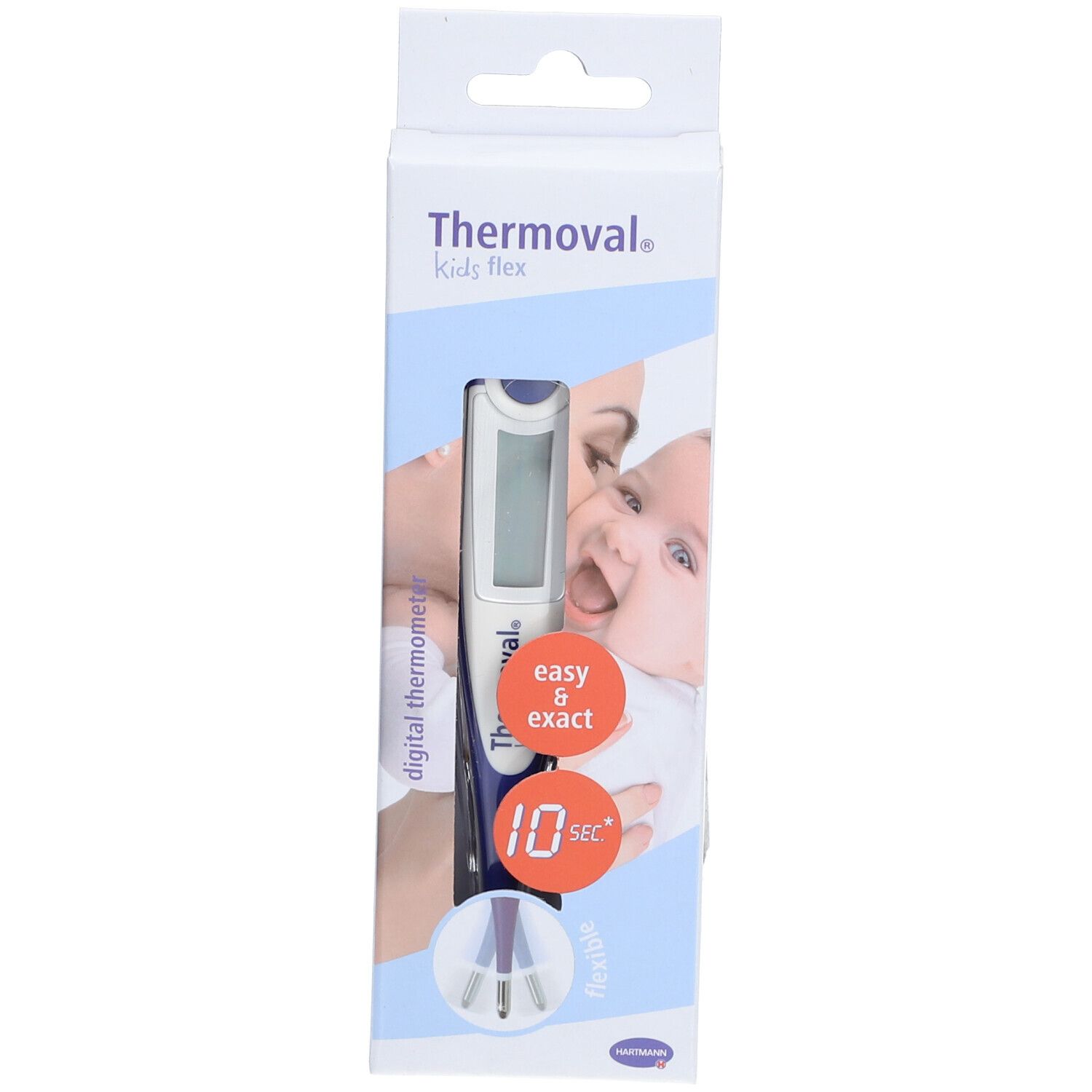 Thermomètre numérique Thermoval Kids Flex dans son emballage. Affichage, temps de mesure 10 secondes, embout flexible.