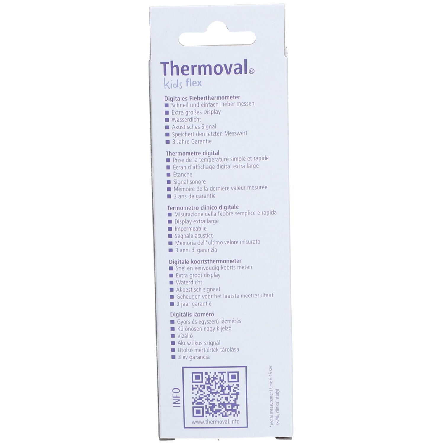 Dos de l'emballage Thermoval Kids Flex. Caractéristiques du produit et informations de garantie en plusieurs langues.