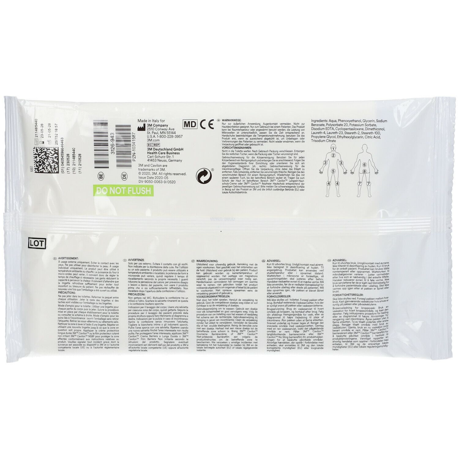 Rückseite der Cavilon Reinigungstücher-Verpackung. Text, QR-Code, Piktogramme. 'DO NOT FLUSH' Hinweis.