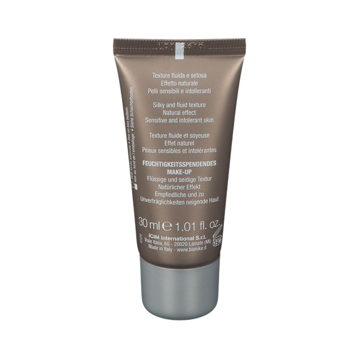 Achterkant van een foundation tube. Meertalige tekst. Opschrift: 30 ml 1.01 fl. oz. Merk: BioNike.