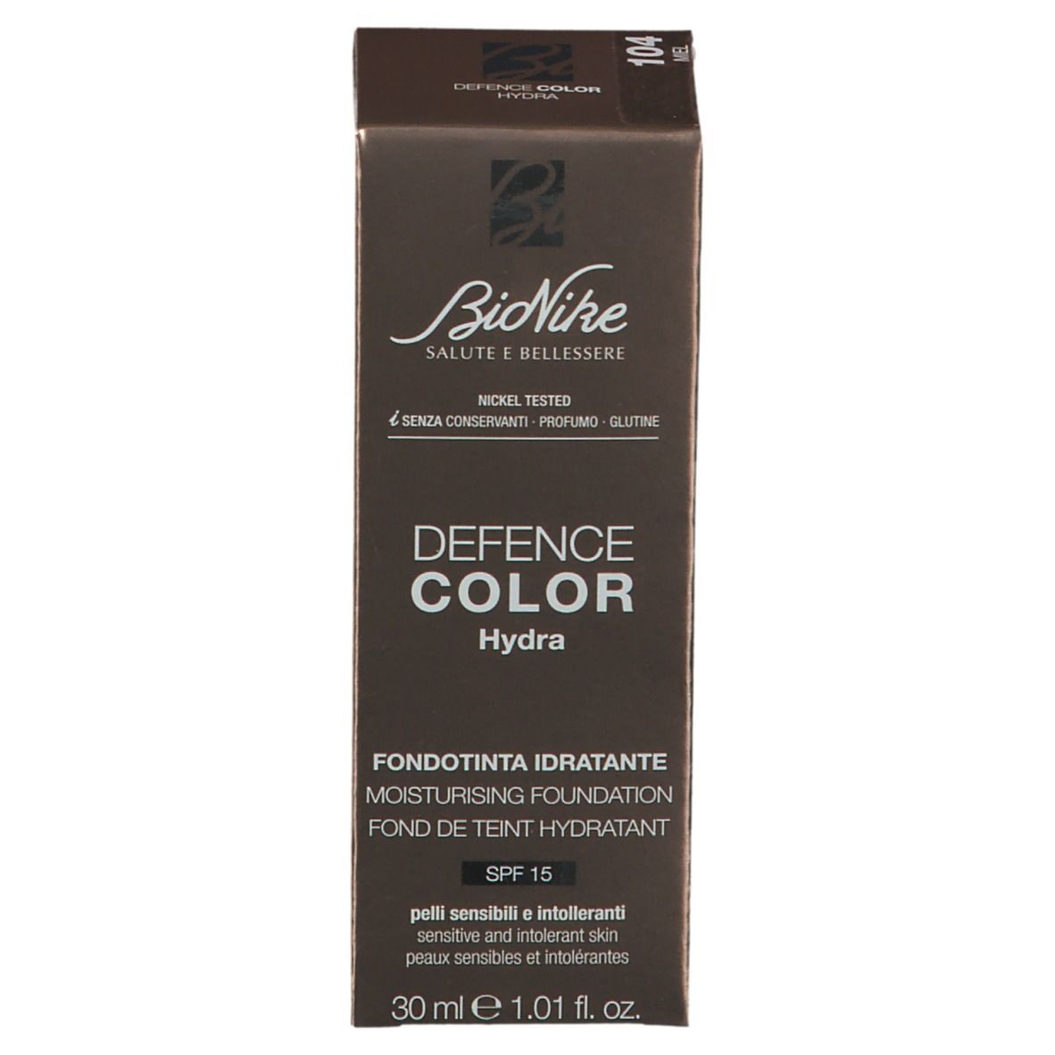 Emballage du fond de teint. Marque BioNike, Defence Color Hydra. Teinte 104 Miel. SPF 15. Testé au nickel.