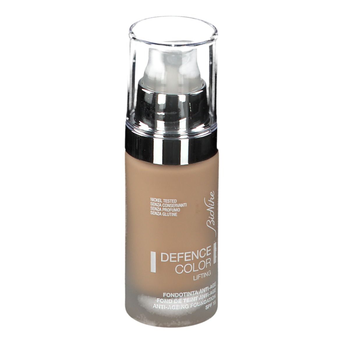BioNike DEFENCE COLOR LIFTING Anti-Aging Foundation. Beige fles met pomp en dop. Opschrift: DEFENCE COLOR LIFTING, SPF 15.