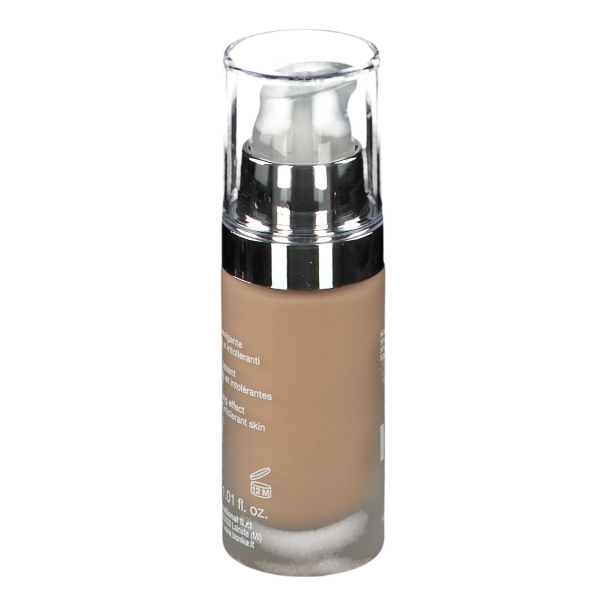 BioNike DEFENCE COLOR LIFTING Foundation. Achterkant van de fles. Tekst: 30 ml e 1.01 fl. oz. Effect voor gevoelige huid. Gemaakt in Italië.