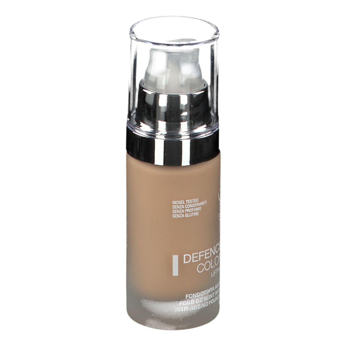 BioNike DEFENCE COLOR LIFTING Anti-Aging Foundation. Beige fles met pomp en dop. Opschrift: DEFENCE COLOR LIFTING, SPF 15.