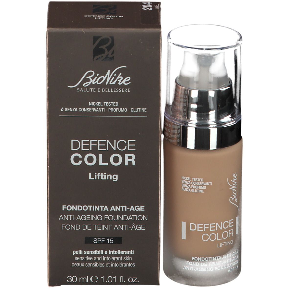 BioNike DEFENCE COLOR LIFTING Foundation en verpakking. Bruine doos en fles. Opschrift: DEFENCE COLOR LIFTING, SPF 15, 30 ml.