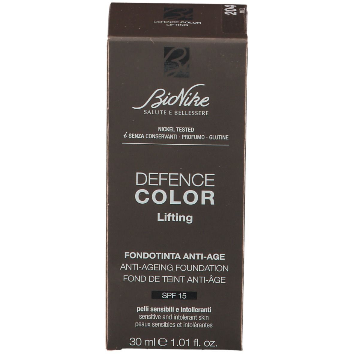 BioNike DEFENCE COLOR LIFTING Foundation verpakking. Bruine doos. Opschrift: DEFENCE COLOR LIFTING, SPF 15, 30 ml.