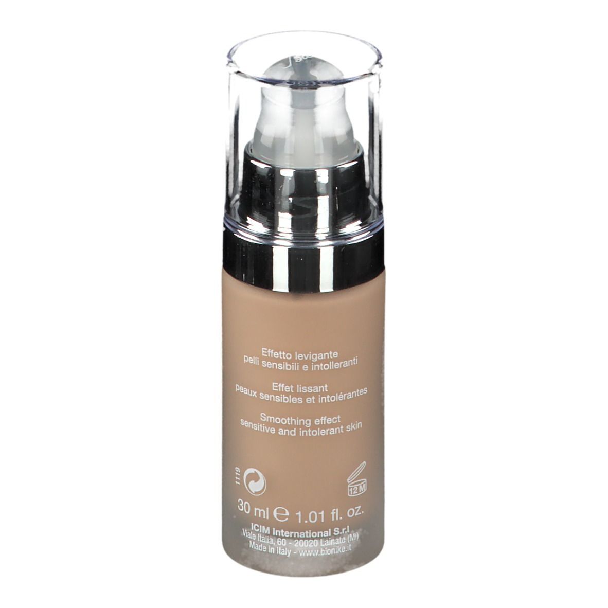 Achterkant BioNike DEFENCE COLOR Lifting foundation. Tekst: Effetto levigante, gevoelige en intolerante huid. 30 ml, 1.01 fl. oz.