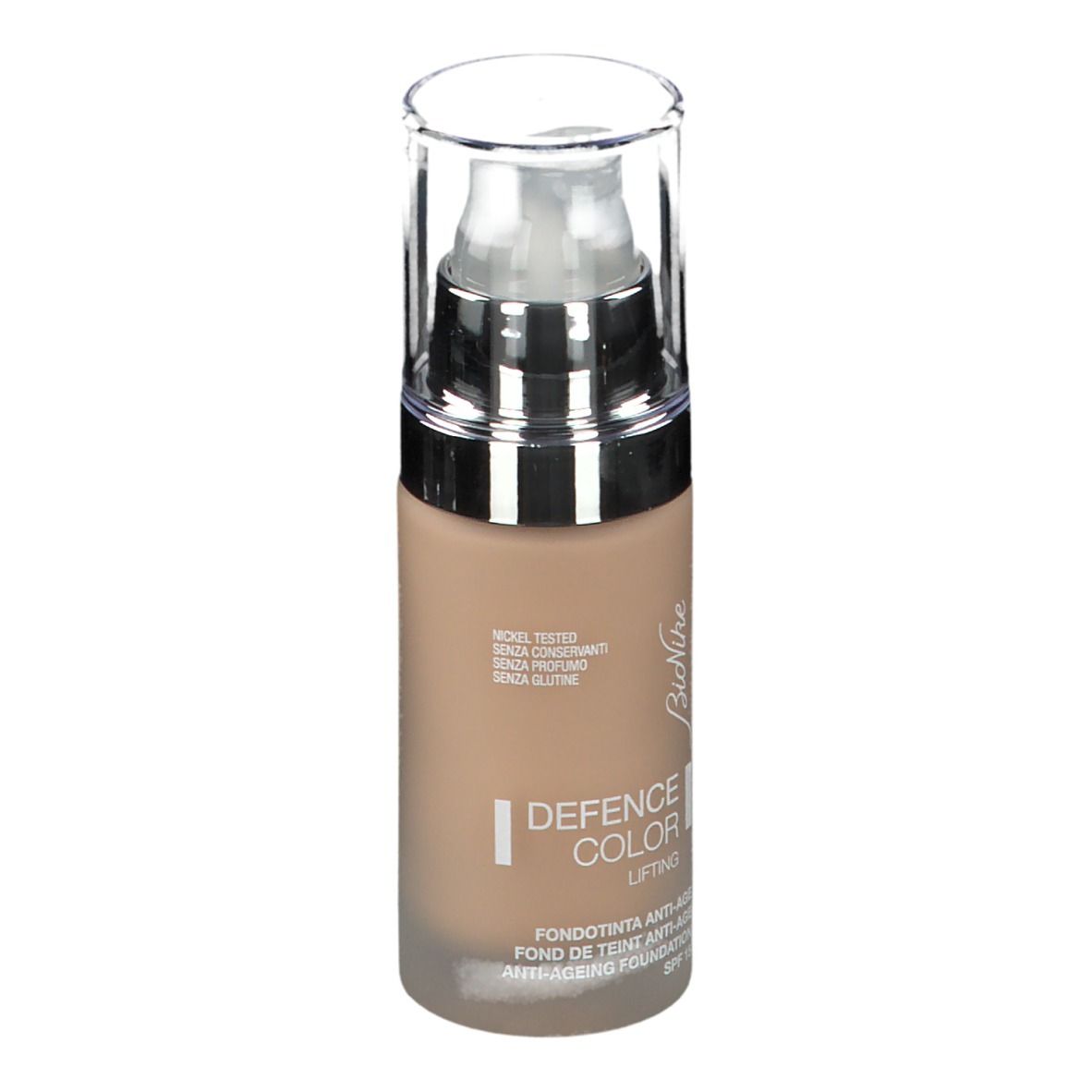 BioNike DEFENCE COLOR Lifting foundation, beige. Fles met pomp en dop. Opschrift: DEFENCE COLOR, Lifting, Anti-Aging Foundation.