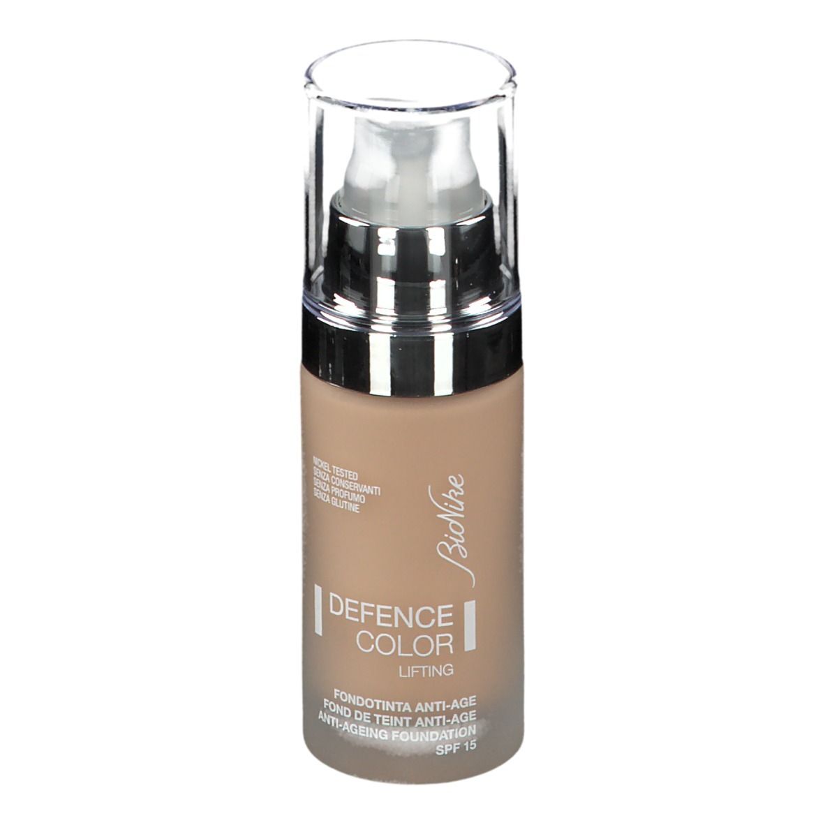 BioNike DEFENCE COLOR Lifting foundation, beige. Fles met pomp en dop. Opschrift: DEFENCE COLOR, Lifting, Anti-Aging Foundation.