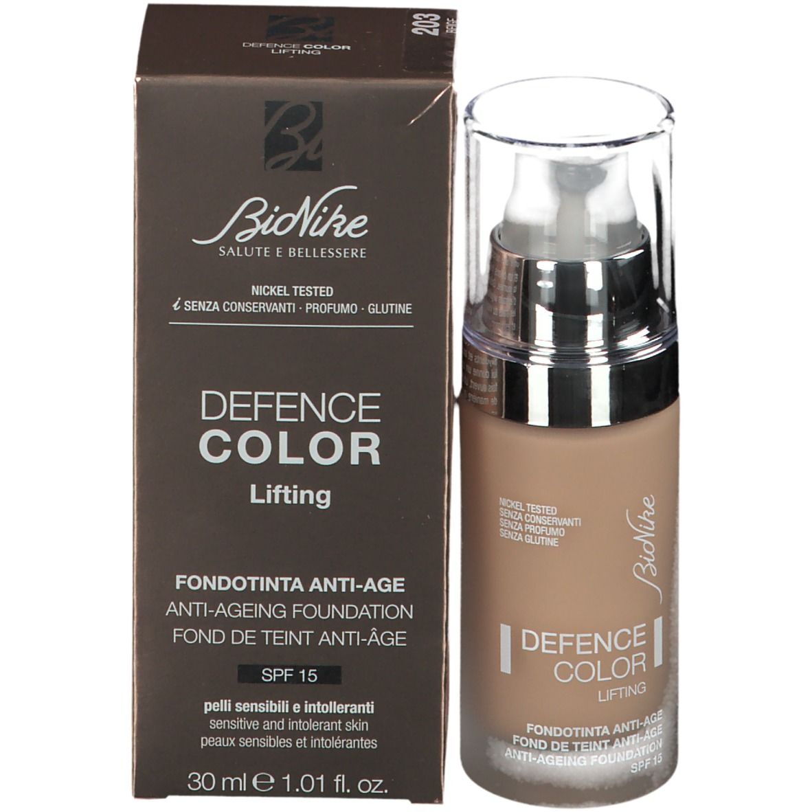 BioNike DEFENCE COLOR Lifting foundation en verpakking. Beige foundation, bruine doos. Opschrift: DEFENCE COLOR, Lifting, Anti-Aging Foundation, SPF 15.