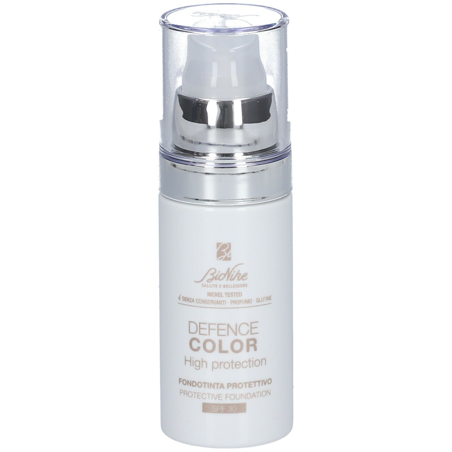 Witte fles met pomp. Opschrift: DEFENCE COLOR High protection, SPF 30. Merk: BioNike.