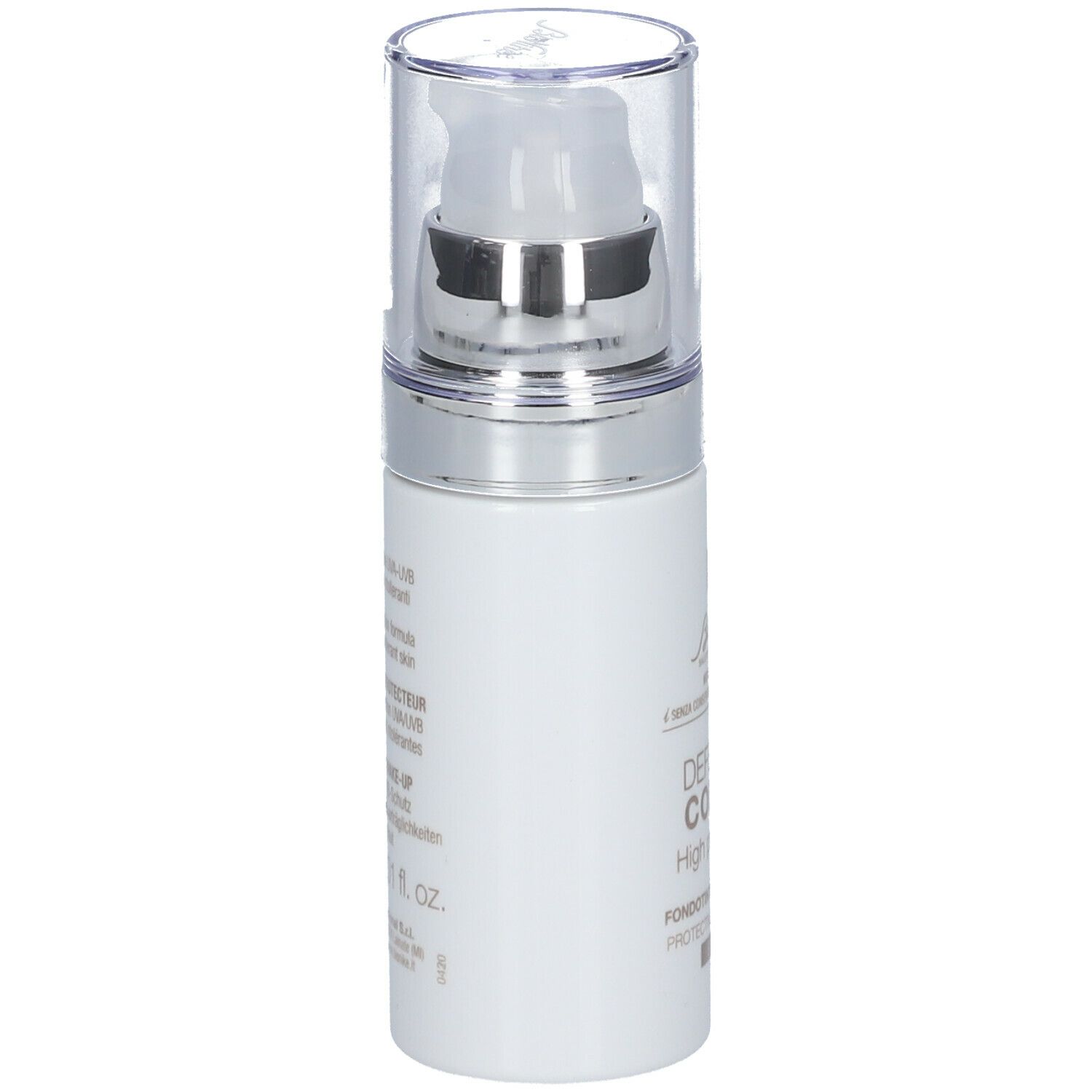 Witte fles met pomp. Opschrift: DEFENCE COLOR High protection, SPF 30. Merk: BioNike. Tekst op achterkant.