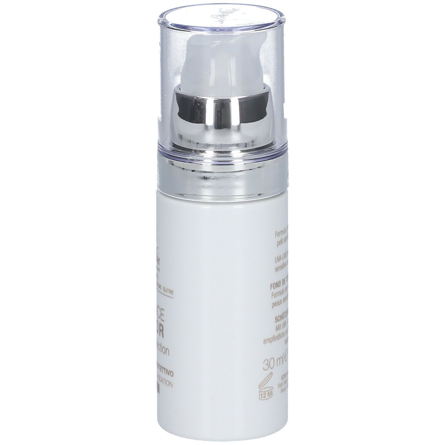 Witte fles met pomp. Opschrift: DEFENCE COLOR High protection, SPF 30. Merk: BioNike. Tekst op achterkant.