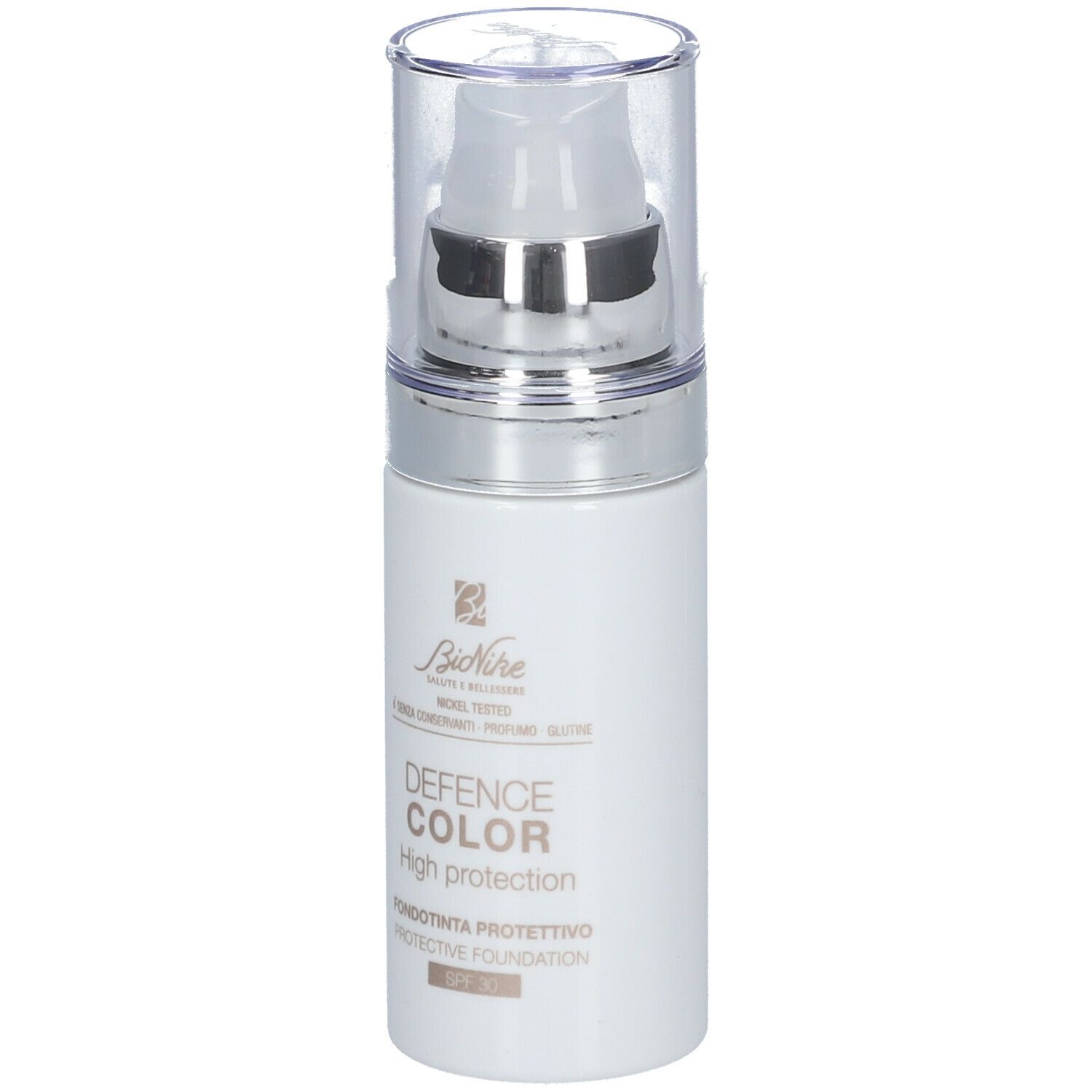 Witte fles met pomp. Opschrift: DEFENCE COLOR High protection, SPF 30. Merk: BioNike.