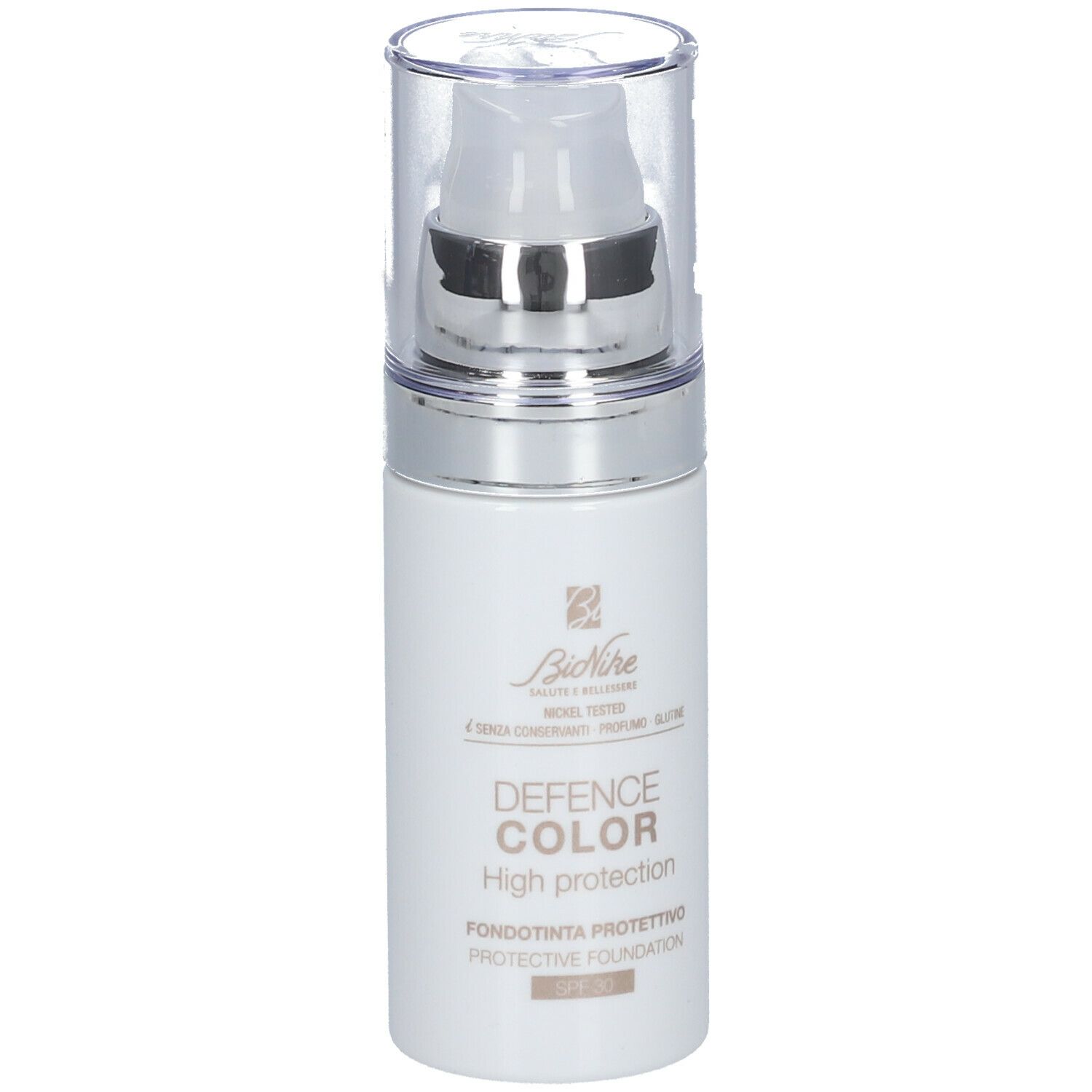 Witte fles met pomp. Opschrift: DEFENCE COLOR High protection, SPF 30. Merk: BioNike.