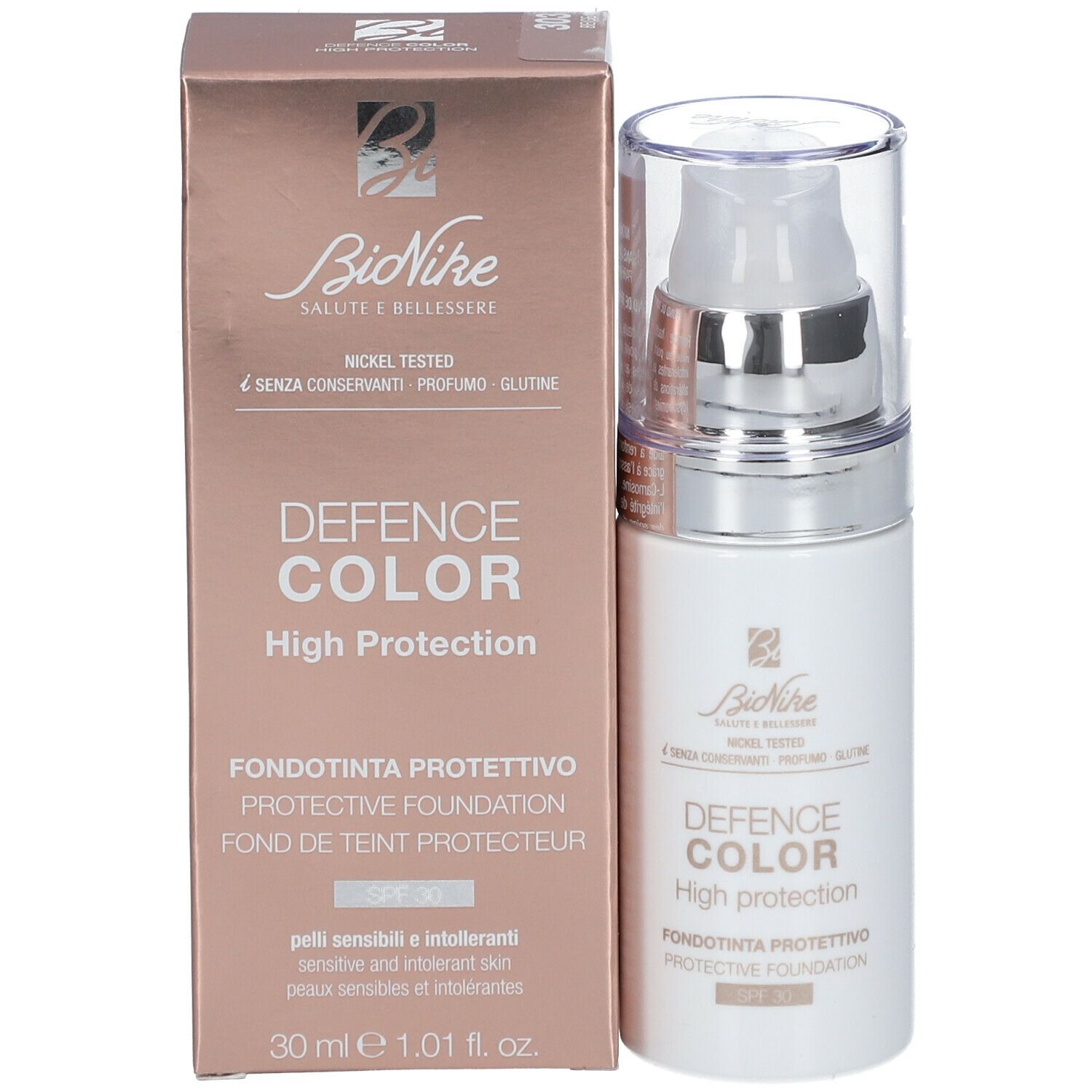 Product en verpakking. Witte fles met pomp en doos. Opschrift: DEFENCE COLOR High protection, SPF 30. Merk: BioNike.