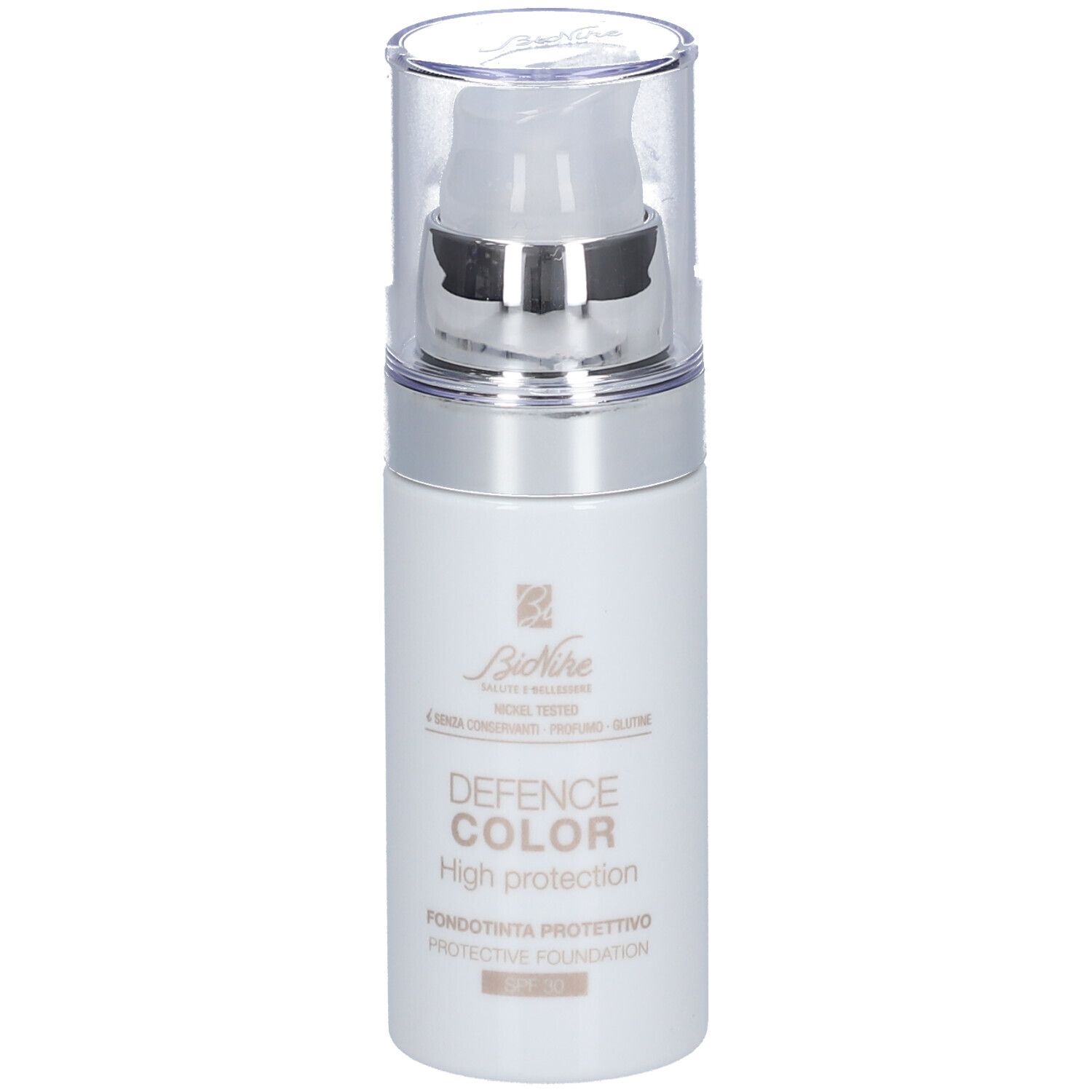 Weiße Flasche mit Pumpe und durchsichtigem Deckel. Aufschrift: DEFENCE COLOR High protection. SPF30.