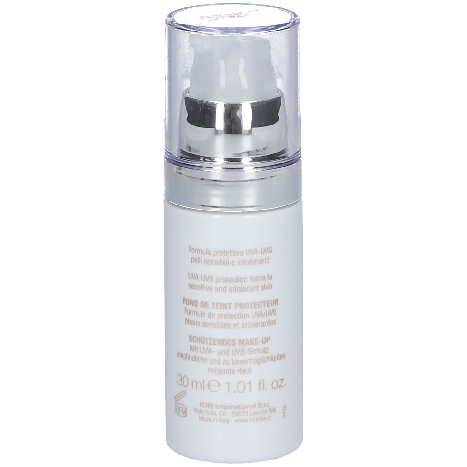 Weiße Flasche mit Pumpe und durchsichtigem Deckel. Aufschrift auf der Rückseite: 30 ml, 1.01 fl. oz.