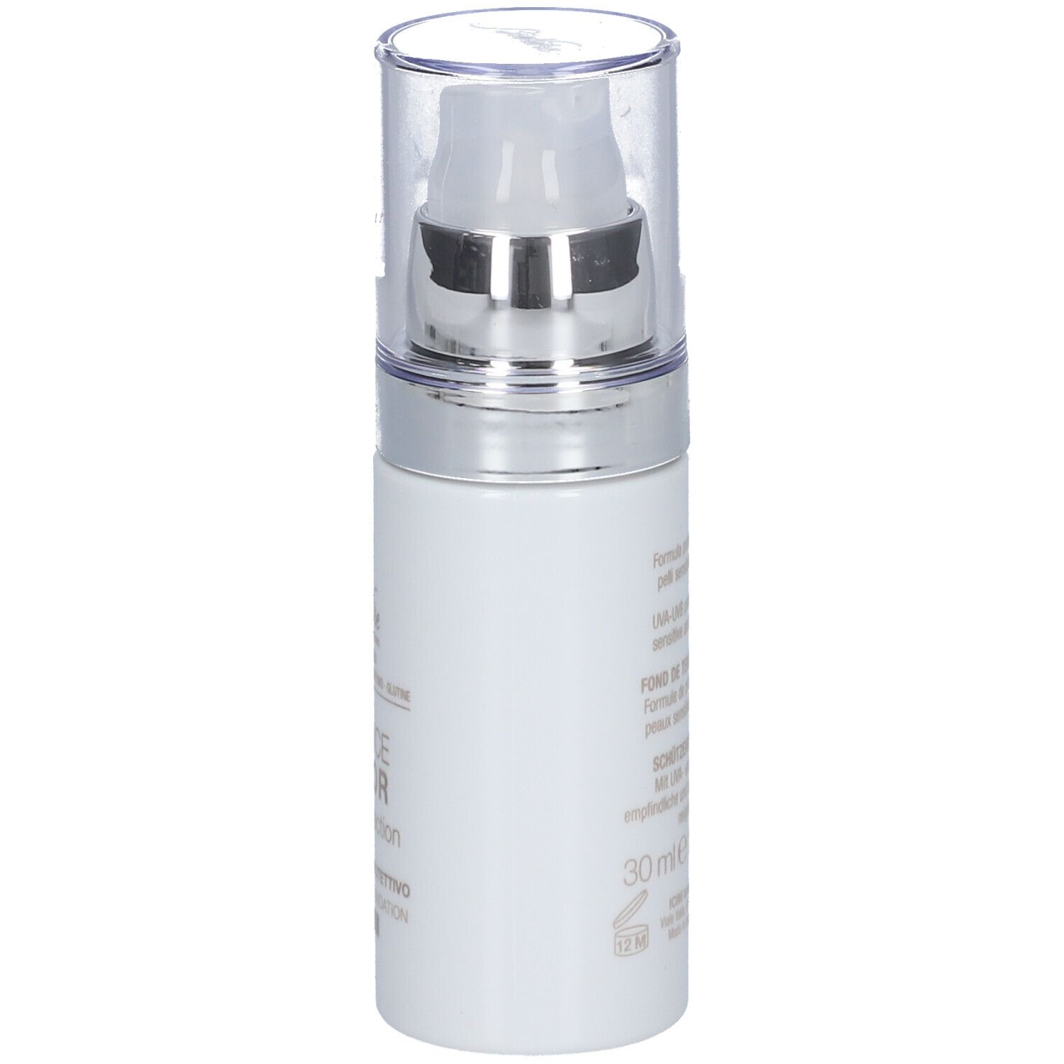 Weiße Flasche mit Pumpe und durchsichtigem Deckel. Aufschrift auf der Rückseite: 30 ml, 1.01 fl. oz.