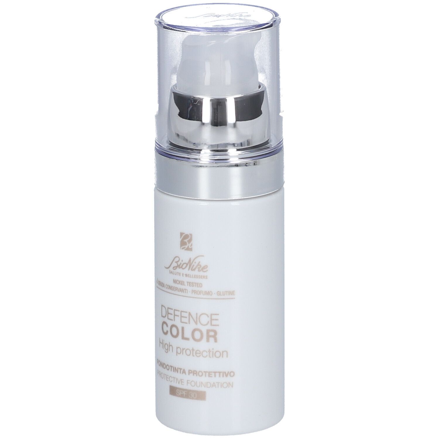 Weiße Flasche mit Pumpe und durchsichtigem Deckel. Aufschrift: DEFENCE COLOR High protection. SPF30.