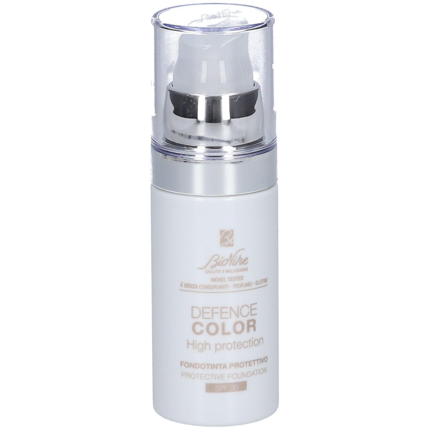 Weiße Flasche mit Pumpe und durchsichtigem Deckel. Aufschrift: DEFENCE COLOR High protection. SPF30.