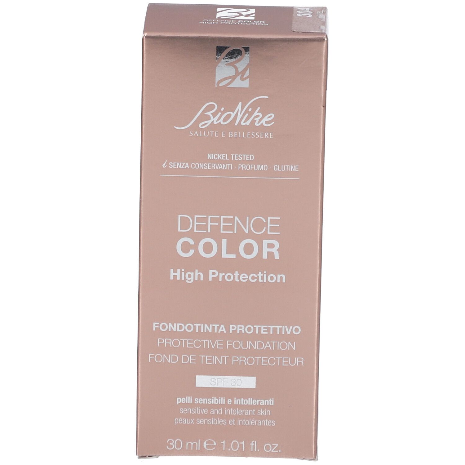 Rosa Verpackung mit Aufschrift: DEFENCE COLOR High Protection. SPF30. Marke BioNike.