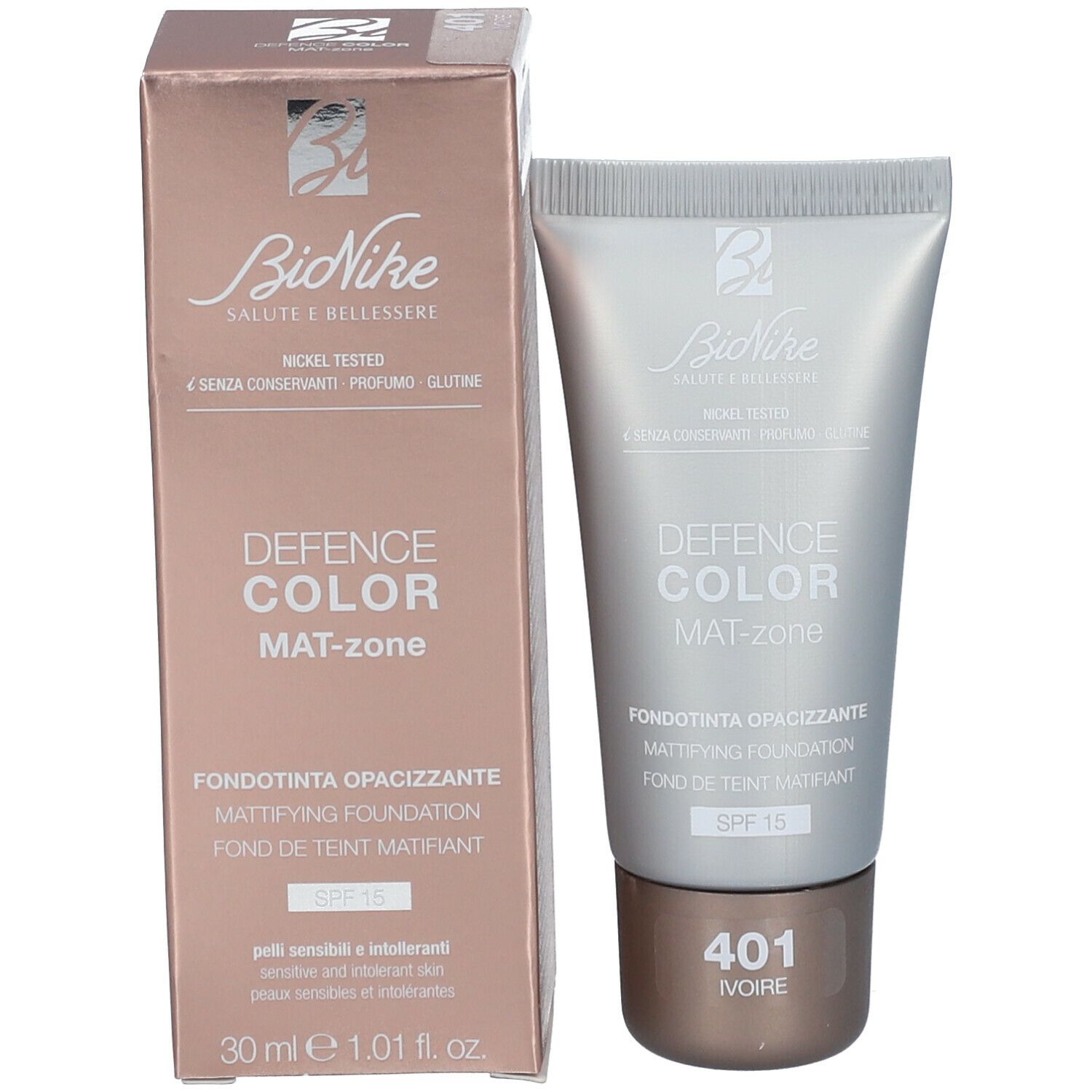 Make-uptube en doos. Op de tube: DEFENCE COLOR MAT-zone, tint 401 IVOIRE. Merk BioNike.