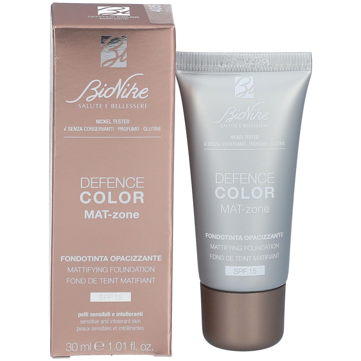 Produkt und Verpackung. Tube und Schachtel. Aufschrift: DEFENCE COLOR MAT-zone, SPF 15. Marke: BioNike.