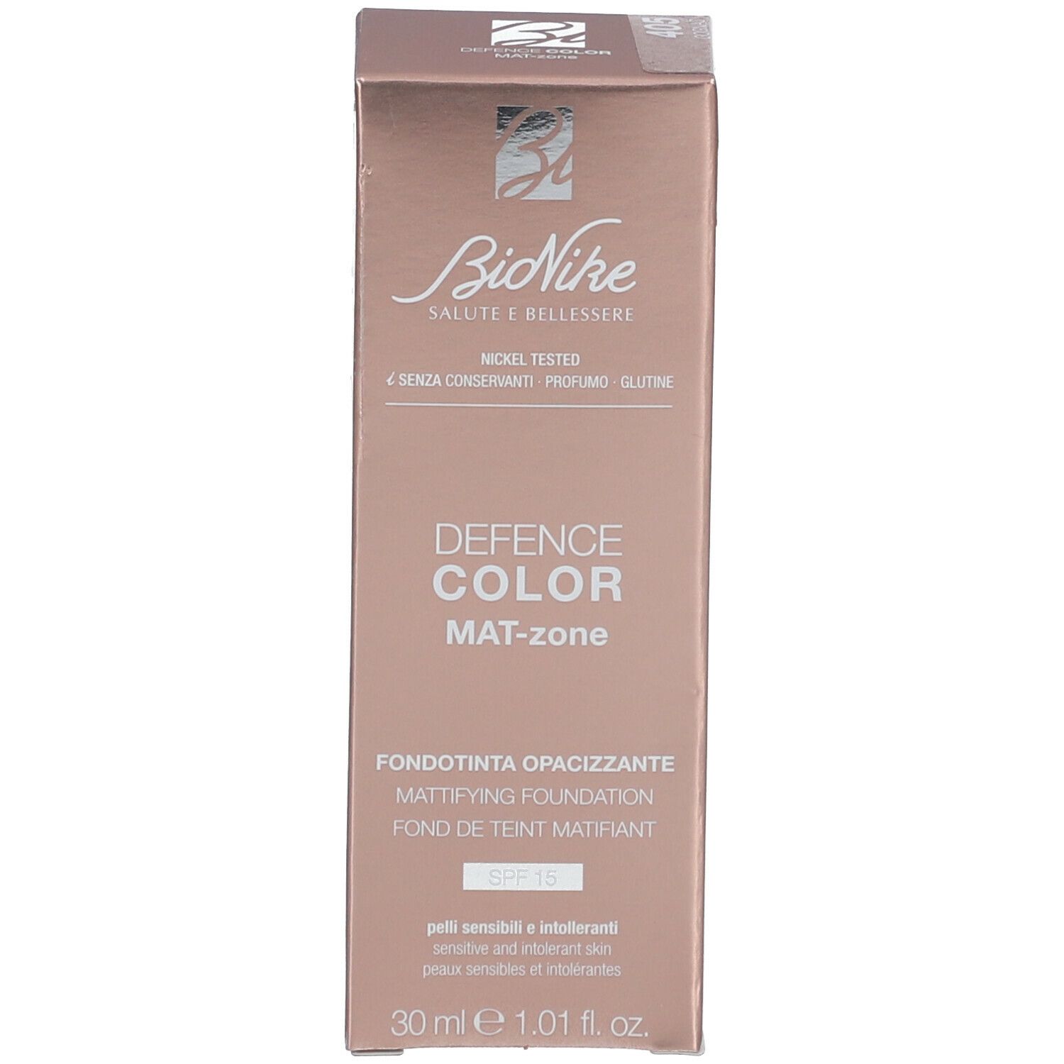 Produktverpackung. Aufschrift: DEFENCE COLOR MAT-zone, SPF 15. Marke: BioNike. Text in mehreren Sprachen.