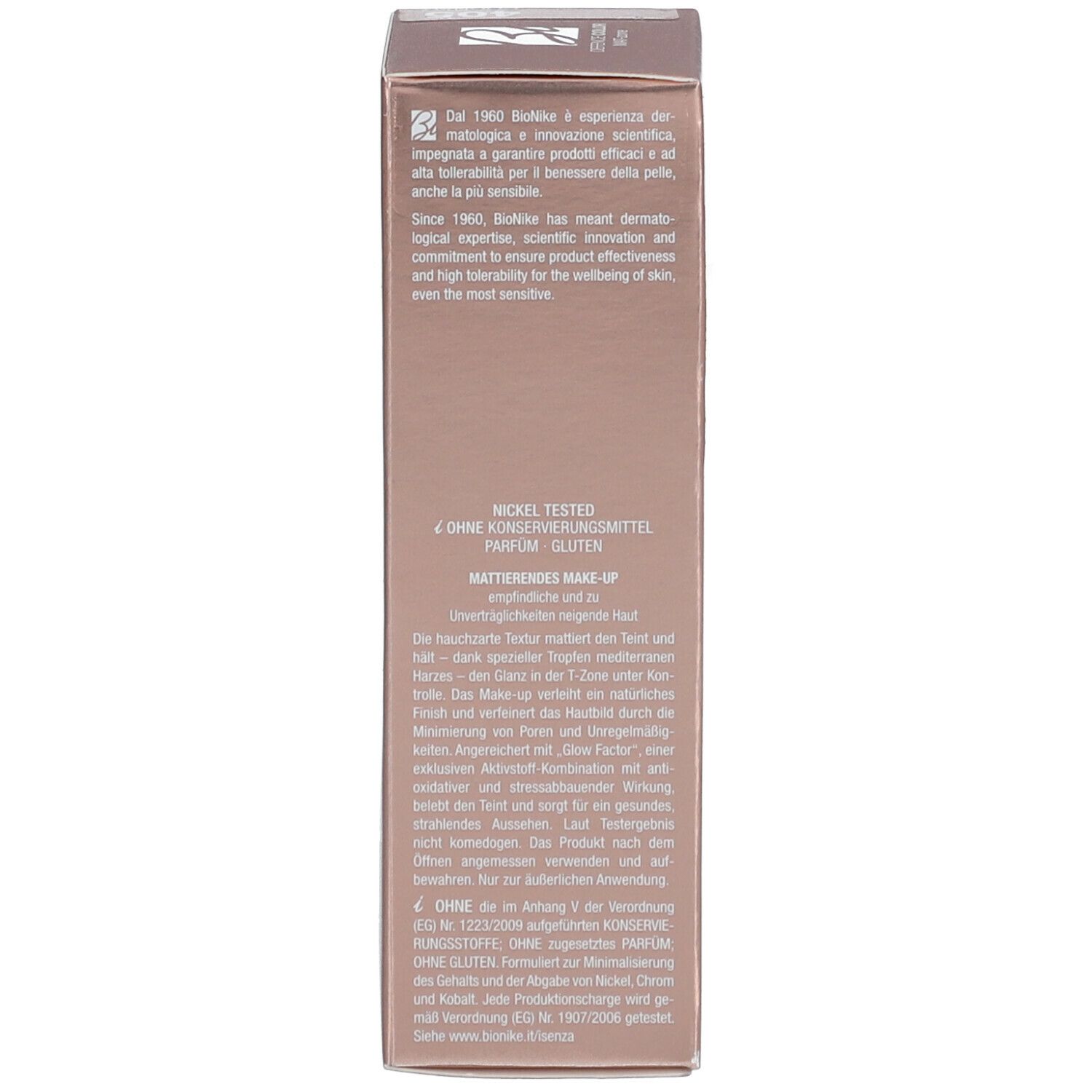 Produktverpackung. Text in mehreren Sprachen. Marke: BioNike. Informationen über das Produkt.