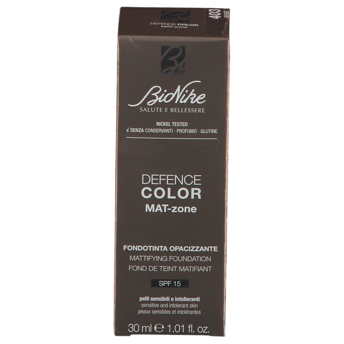 Braune Verpackung. Produktname und Marke sichtbar. Text: MAT-zone, SPF 15, 30 ml, 1,01 fl. oz.