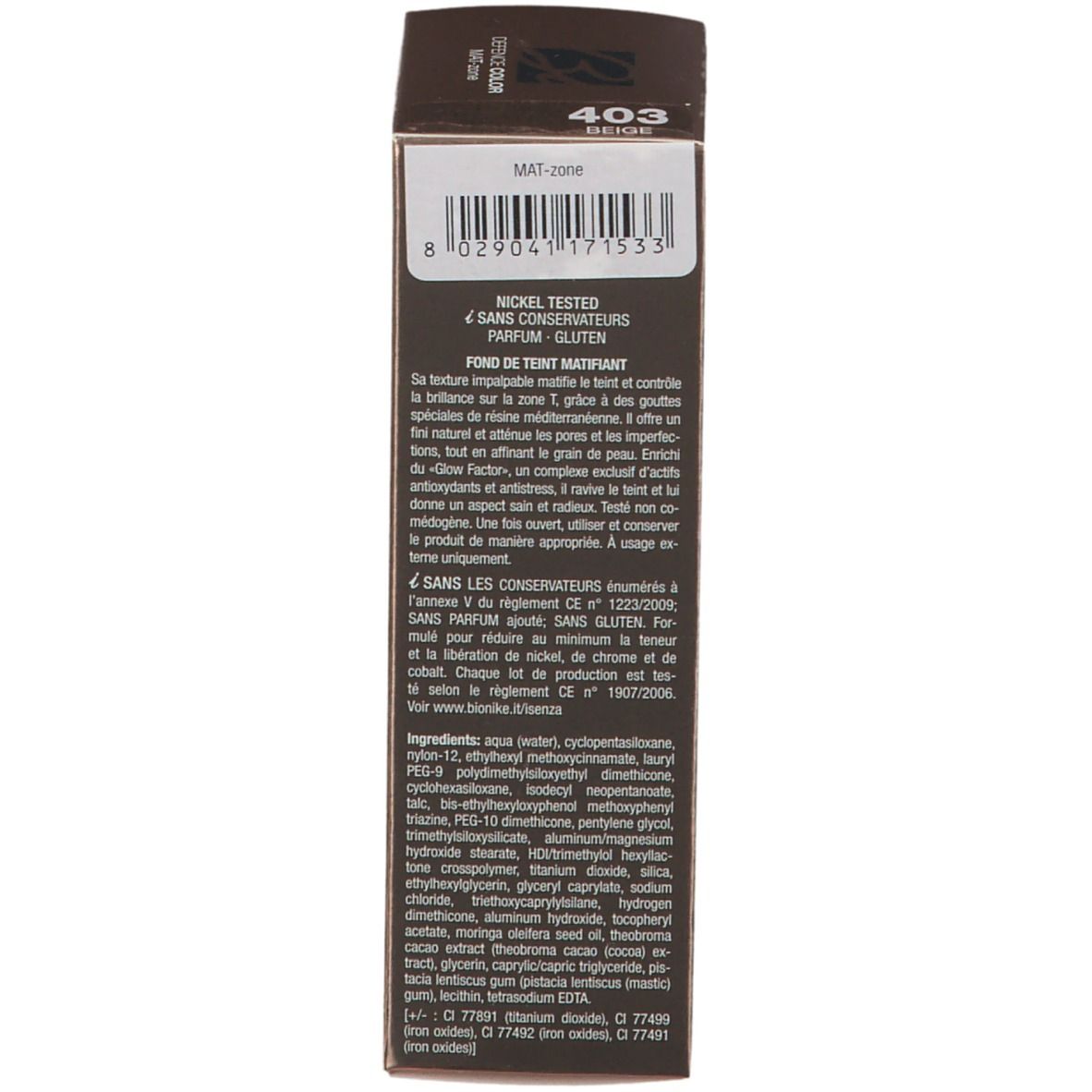 Braune Verpackung. Rückseite mit Text. Inhaltsstoffe, Zertifizierungen und Produktinformationen.