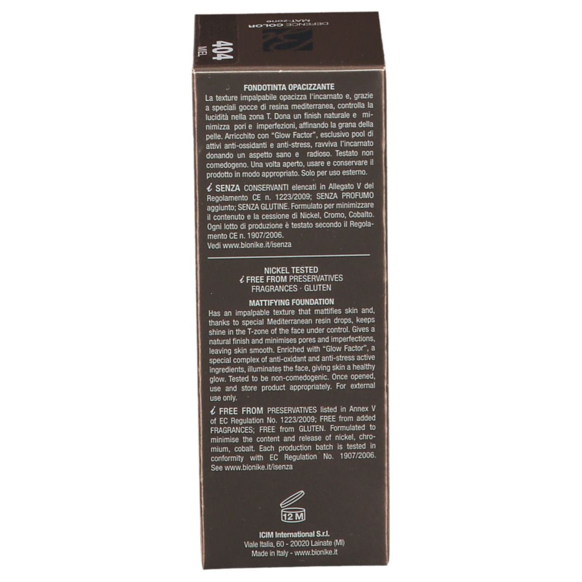 Côté de l'emballage du fond de teint BioNike DEFENCE COLOR MAT-zone. Texte sur les caractéristiques et les ingrédients du produit.